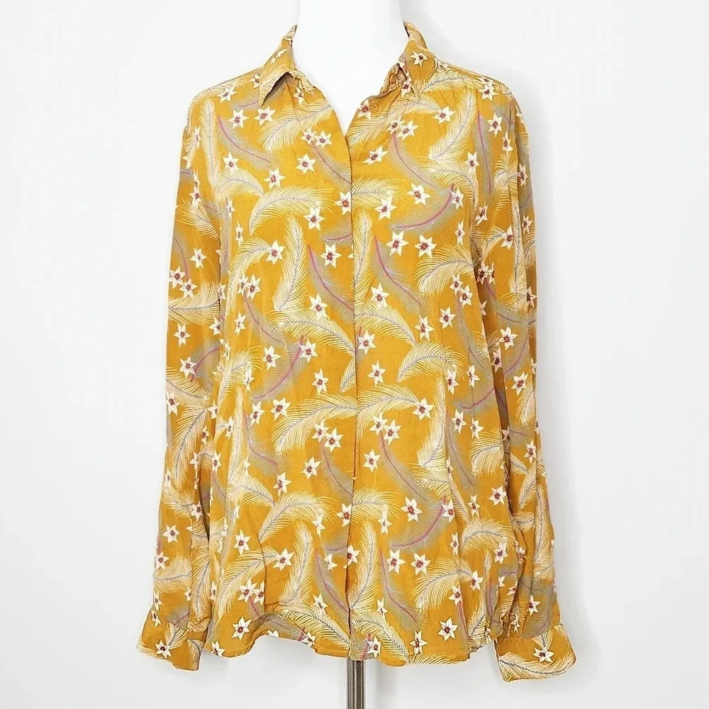 & Other Stories Yellow Feather Print Silk Blouse 6